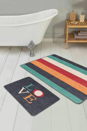 Renkli Love Temalı Renkli Çizgili 2li Banyo Halısı Takımı Kaymaz Taban Yıkanabilir Bonvagon