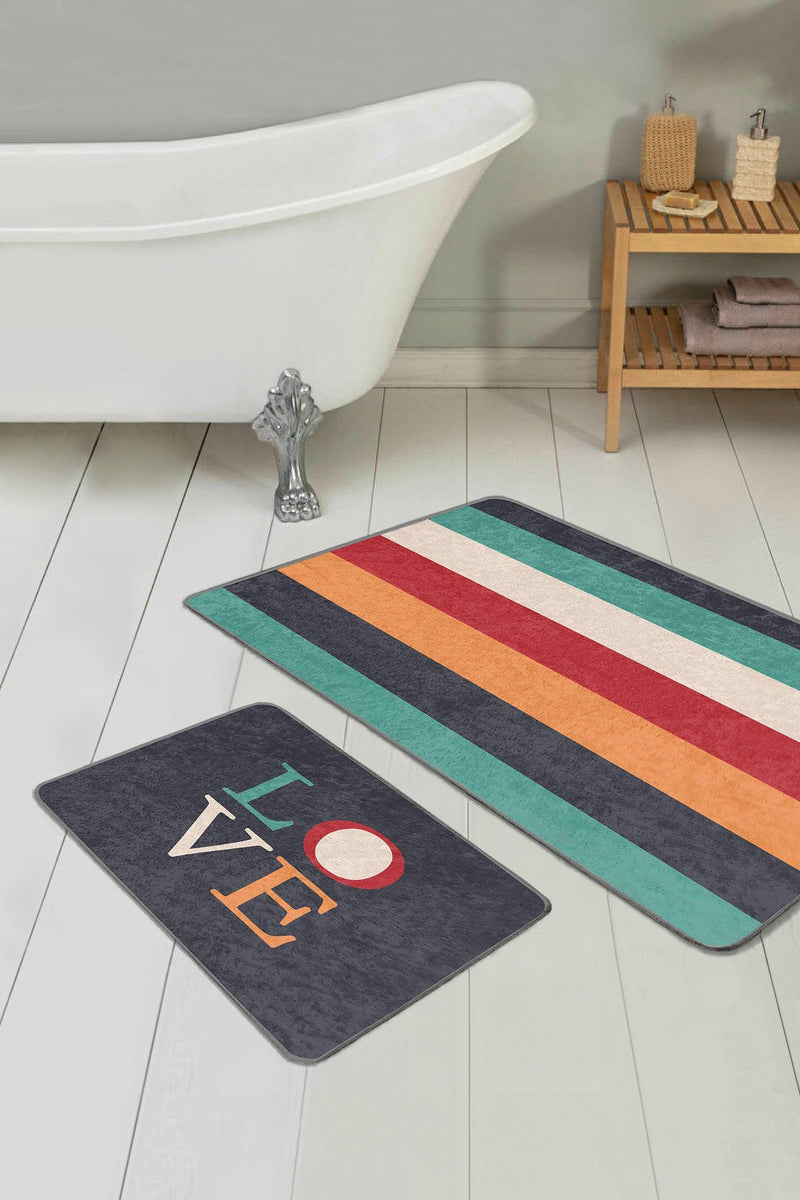 Renkli Love Temalı Renkli Çizgili 2li Banyo Halısı Takımı Kaymaz Taban Yıkanabilir Bonvagon