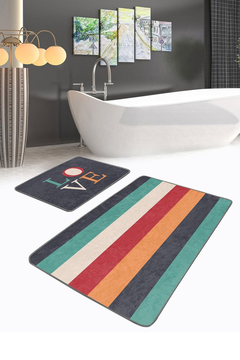 Renkli Love Temalı Renkli Çizgili 2li Banyo Halısı Takımı Kaymaz Taban Yıkanabilir Bonvagon