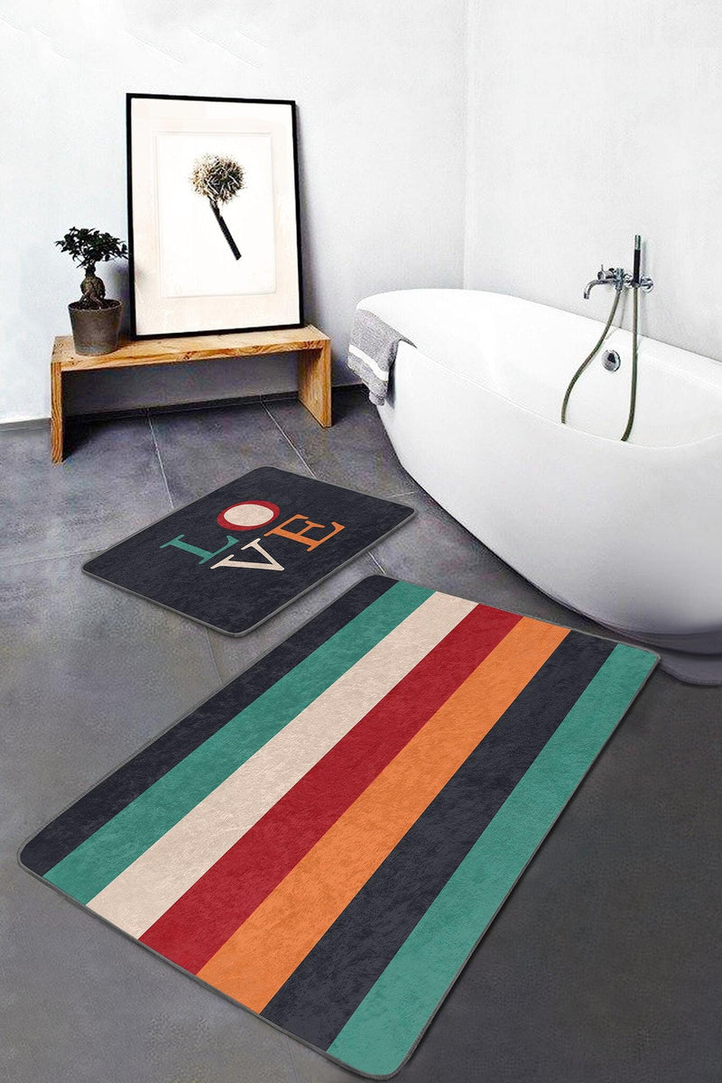 Renkli Love Temalı Renkli Çizgili 2li Banyo Paspas ve Halısı Takımı Kaymaz Taban Yıkanabilir