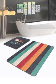 Renkli Love Temalı Renkli Çizgili 2li Banyo Paspas ve Halısı Takımı Kaymaz Taban Yıkanabilir