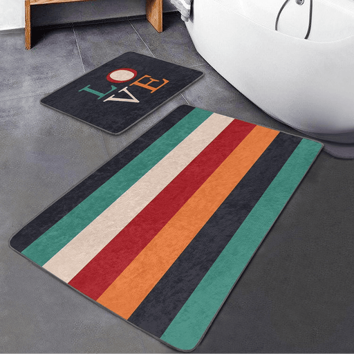 Renkli Love Temalı Renkli Çizgili 2li Banyo Paspas ve Halısı Takımı Kaymaz Taban Yıkanabilir Bonvagon