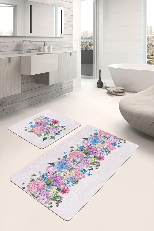 Renkli Ortanca Çiçekleri Özel Tasarım 2li Banyo Halısı Takımı Kaymaz Taban Yıkanabilir Bonvagon