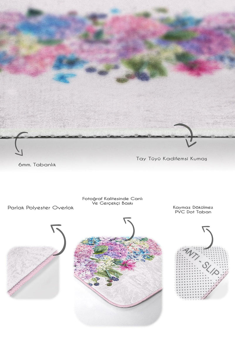 Renkli Ortanca Çiçekleri Özel Tasarım 2li Banyo Halısı Takımı Kaymaz Taban Yıkanabilir Bonvagon