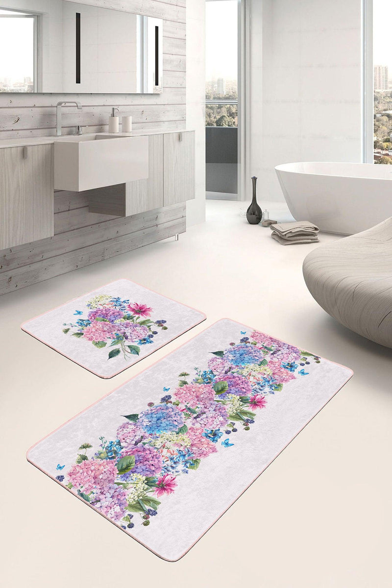 Renkli Ortanca Çiçekleri Özel Tasarım 2li Banyo Paspas ve Halısı Takımı Kaymaz Taban Yıkanabilir