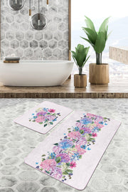 Renkli Ortanca Çiçekleri Özel Tasarım 2li Banyo Paspas ve Halısı Takımı Kaymaz Taban Yıkanabilir