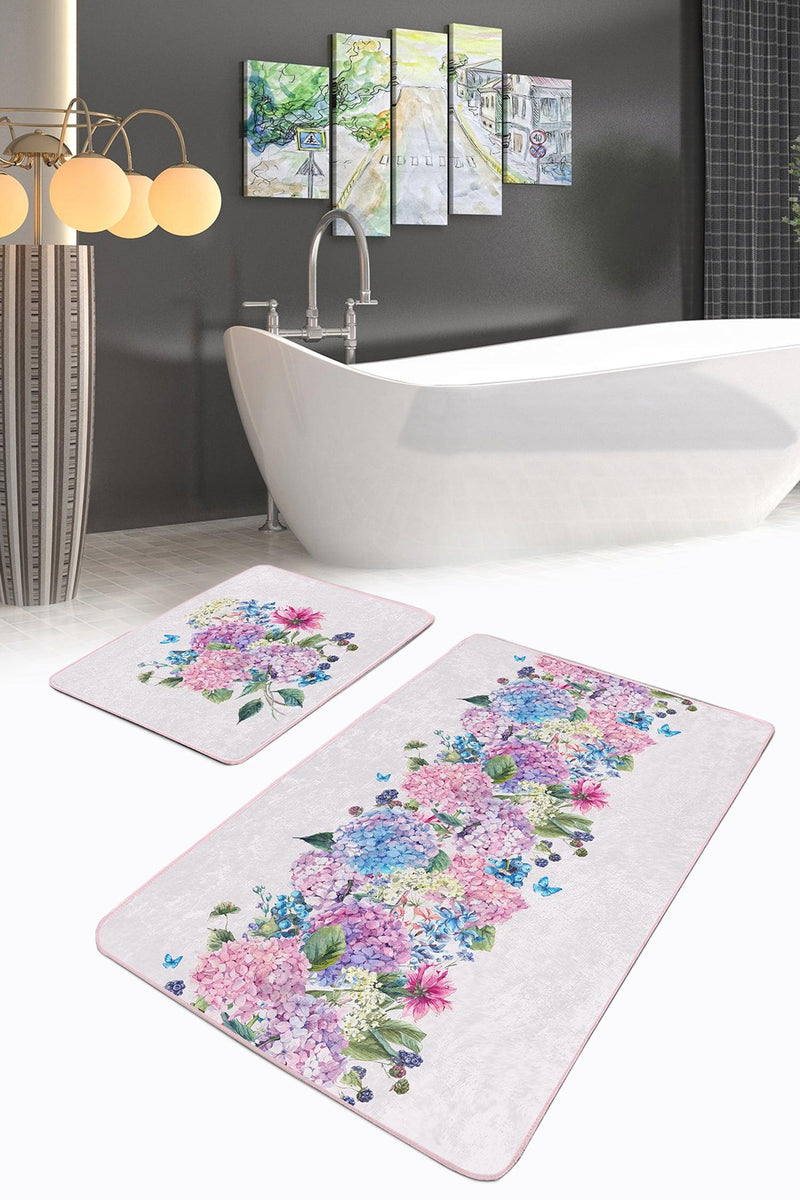 Renkli Ortanca Çiçekleri Özel Tasarım 2li Banyo Paspas ve Halısı Takımı Kaymaz Taban Yıkanabilir