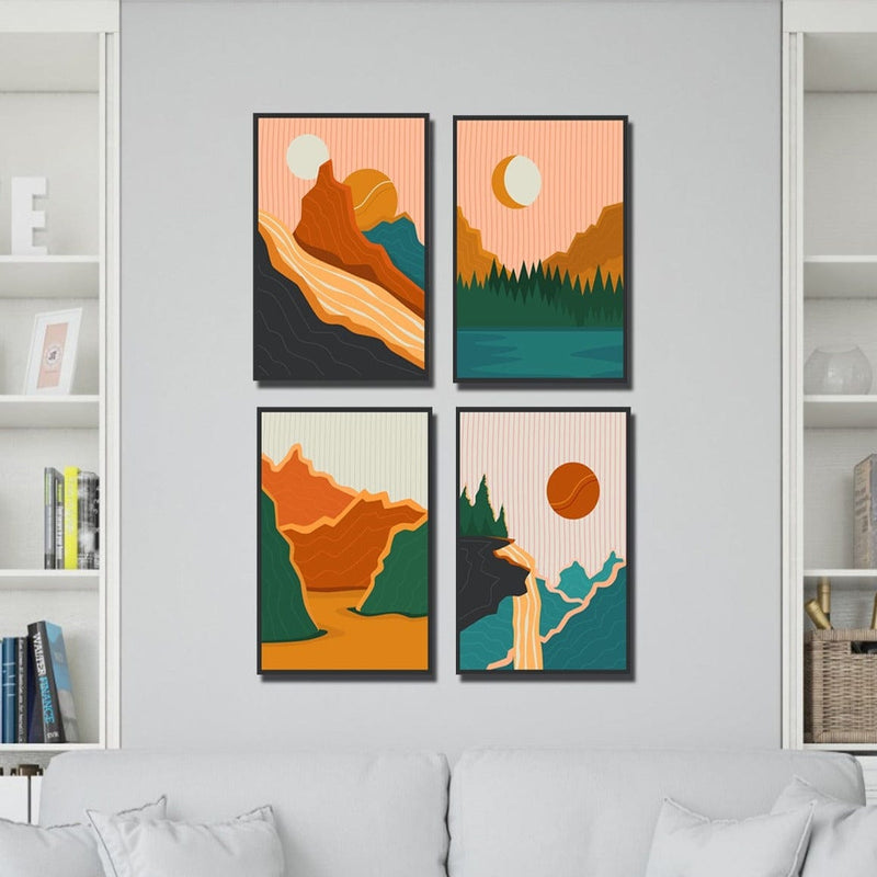 Renkli Sanatsal 4lü Tablo Seti Siyah Çerçeveli Bonvagon