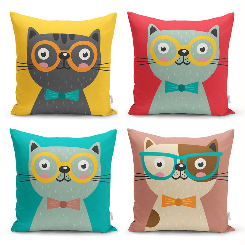 Renkli Sevimli Kedicik Baskılı 4lü Kırlent Kılıf Seti Bonvagon