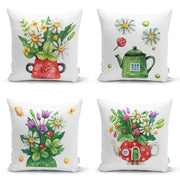 Renkli Sevimli Saksılar İçinde Çiçek Tasarımlı Dijital Baskılı Modern 4lü Kırlent Kılıfı Seti Bonvagon