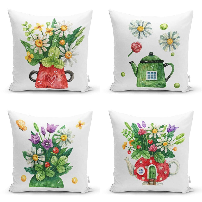 Renkli Sevimli Saksılar İçinde Çiçek Tasarımlı Dijital Baskılı Modern 4lü Kırlent Kılıfı Seti Bonvagon