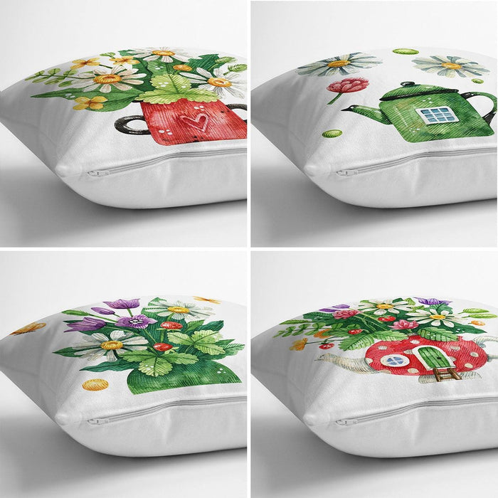 Renkli Sevimli Saksılar İçinde Çiçek Tasarımlı Dijital Baskılı Modern 4lü Kırlent Kılıfı Seti Bonvagon