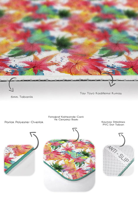 Renkli Sonbahar Yaprakları Özel Tasarım 2li Banyo Halısı Takımı Kaymaz Taban Yıkanabilir Bonvagon