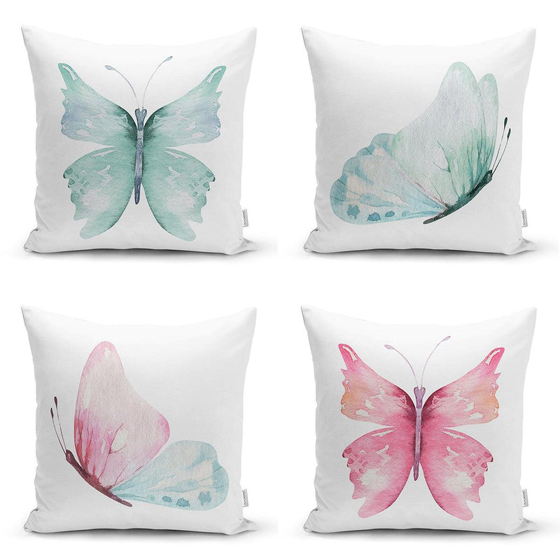 Renkli Suluboya Kelebek Çizimli Dijital Baskılı Modern 4lü Kırlent Kılıfı Seti Bonvagon