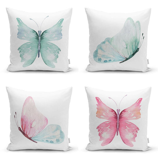 Renkli Suluboya Kelebek Çizimli Dijital Baskılı Modern 4lü Kırlent Kılıfı Seti Bonvagon