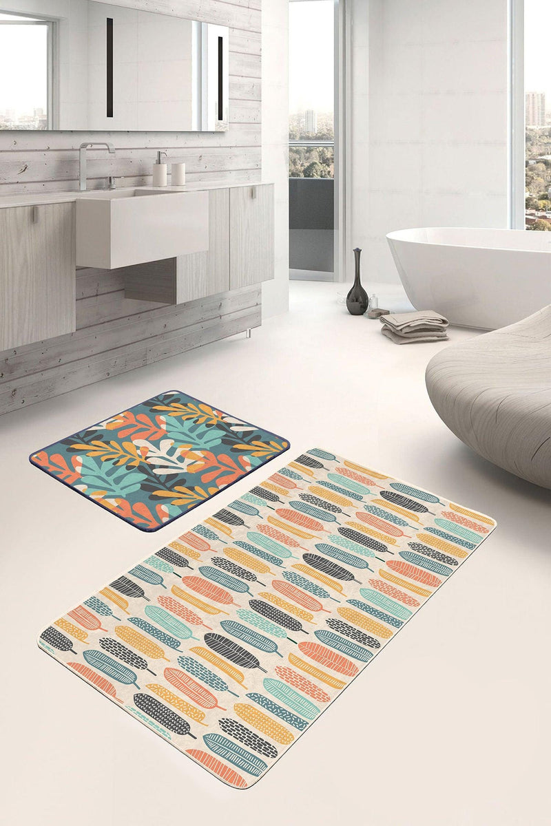 Renkli Tropik Yaprak Tasarımlı Dijital Baskılı 2li Banyo Halısı Takımı Kaymaz Taban Yıkanabilir Bonvagon