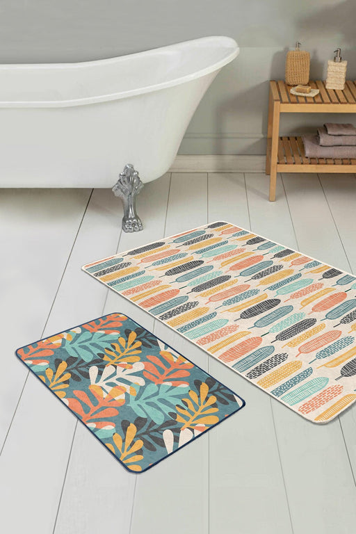 Renkli Tropik Yaprak Tasarımlı Dijital Baskılı 2li Banyo Halısı Takımı Kaymaz Taban Yıkanabilir Bonvagon