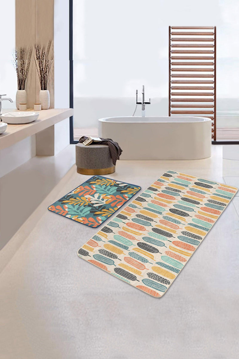 Renkli Tropik Yaprak Tasarımlı Dijital Baskılı 2li Banyo Halısı Takımı Kaymaz Taban Yıkanabilir Bonvagon