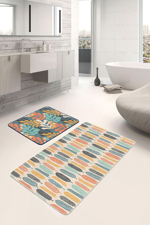 Renkli Tropik Yaprak Tasarımlı Dijital Baskılı 2li Banyo Paspas ve Halısı Takımı Kaymaz Taban Yıkanabilir