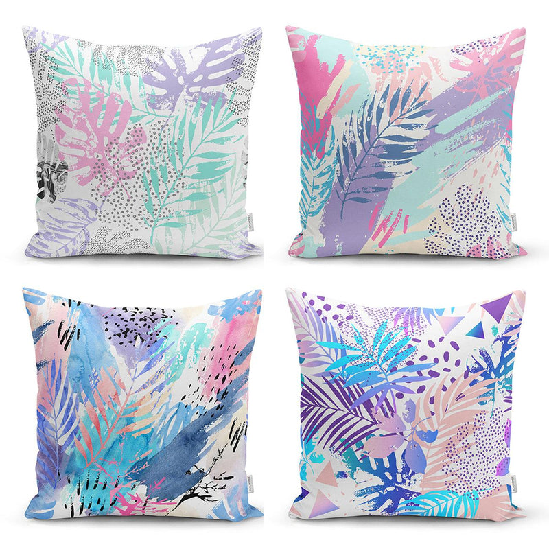 Renkli Yaprak Tropik Yaprak Özel Tasarım Dijital Baskılı 4lü Kırlent Kılıf Seti Bonvagon