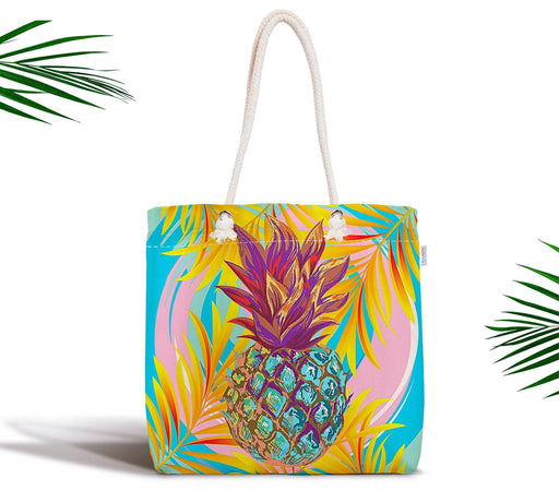 Renkli Yaprak Zeminli Ananas Detaylı Modern Fermuarlı Kumaş Çanta Bonvagon