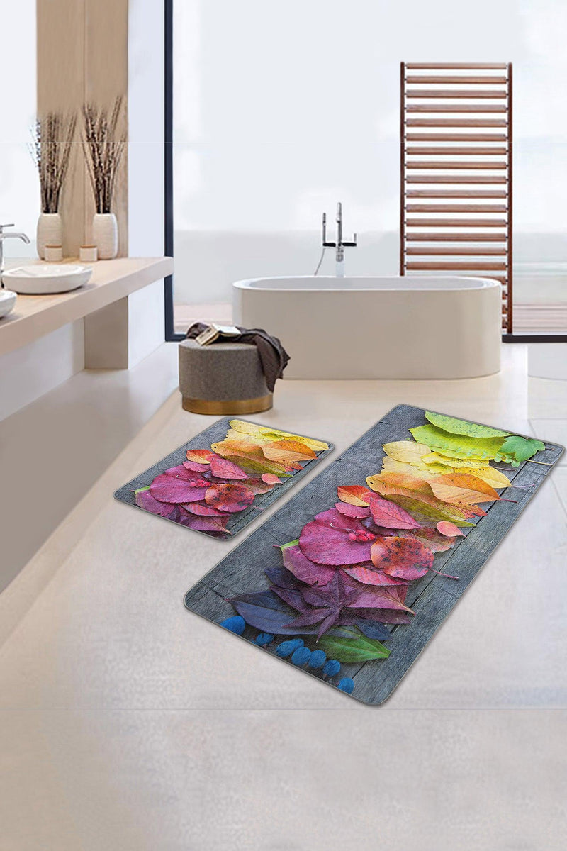 Renkli Yapraklar Dijital Baskılı 2li Banyo Halısı Takımı Kaymaz Taban Yıkanabilir Bonvagon