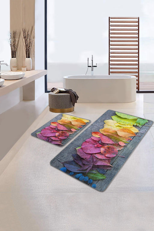 Renkli Yapraklar Dijital Baskılı 2li Banyo Halısı Takımı Kaymaz Taban Yıkanabilir Bonvagon