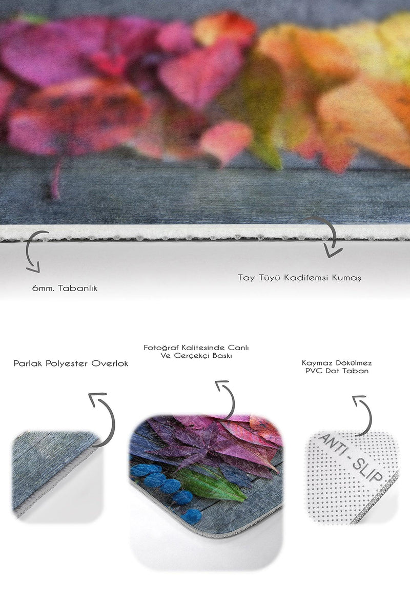 Renkli Yapraklar Dijital Baskılı 2li Banyo Halısı Takımı Kaymaz Taban Yıkanabilir Bonvagon