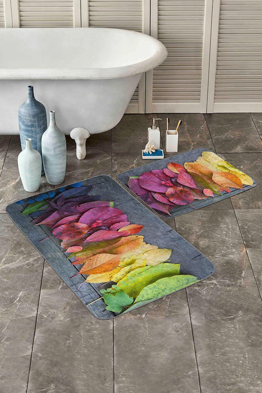 Renkli Yapraklar Dijital Baskılı 2li Banyo Paspas ve Halısı Takımı Kaymaz Taban Yıkanabilir