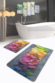 Renkli Yapraklar Dijital Baskılı 2li Banyo Paspas ve Halısı Takımı Kaymaz Taban Yıkanabilir