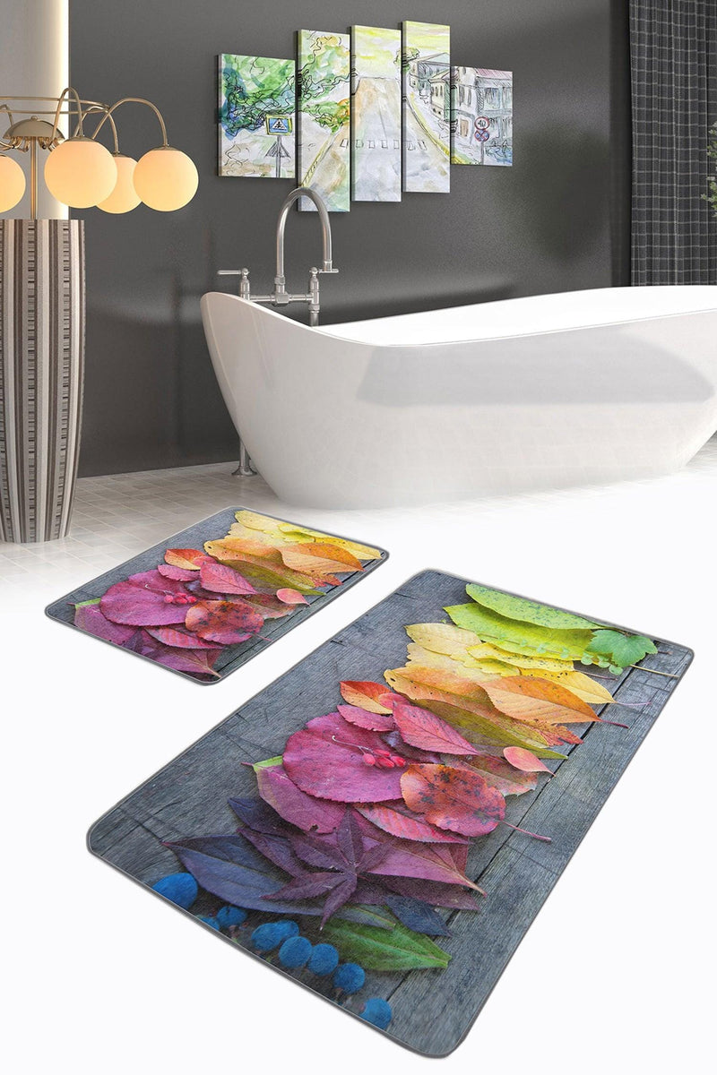Renkli Yapraklar Dijital Baskılı 2li Banyo Paspas ve Halısı Takımı Kaymaz Taban Yıkanabilir