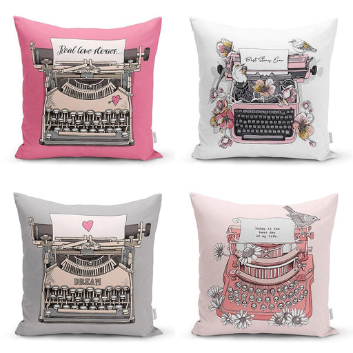 Renkli Zemin Antika Daktilo Çizimli Dijital Baskılı Modern 4lü Kırlent Kılıfı Seti Bonvagon