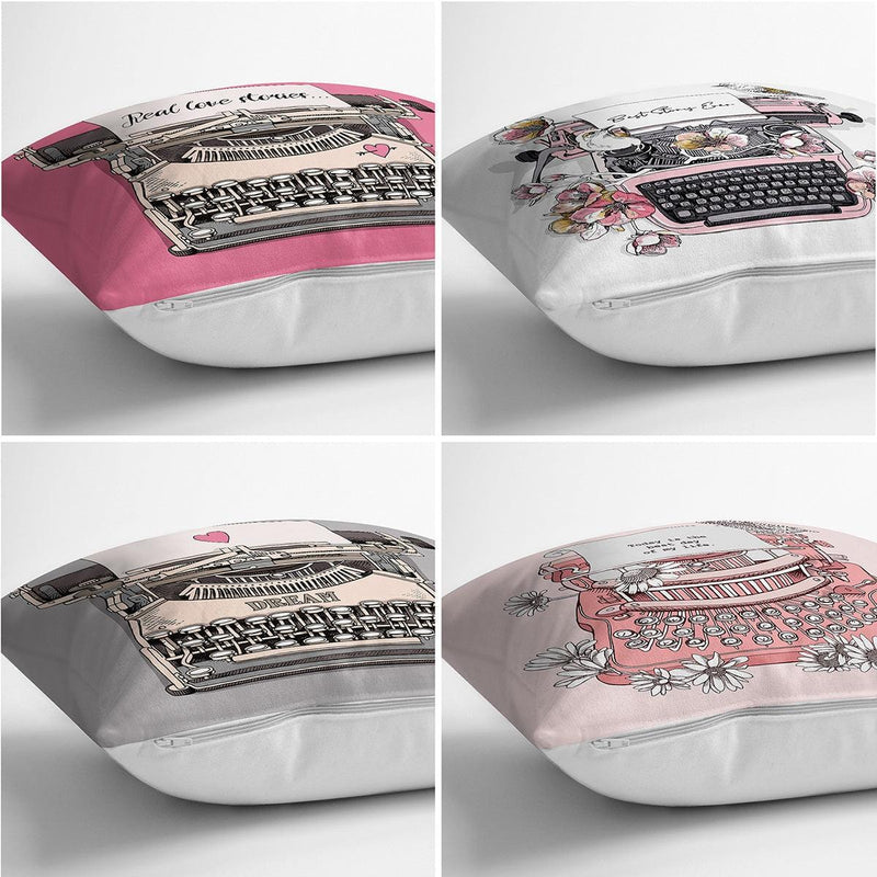 Renkli Zemin Antika Daktilo Çizimli Dijital Baskılı Modern 4lü Kırlent Kılıfı Seti Bonvagon