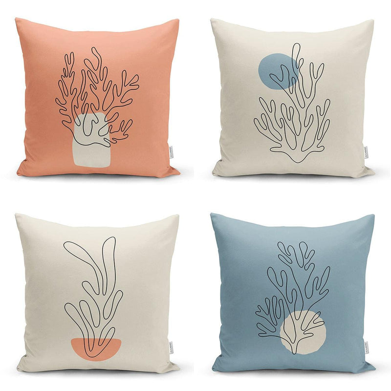 Renkli Zemin Deniz Yosunu Çizimli Dijital Baskılı Modern 4lü Kırlent Kılıfı Seti Bonvagon