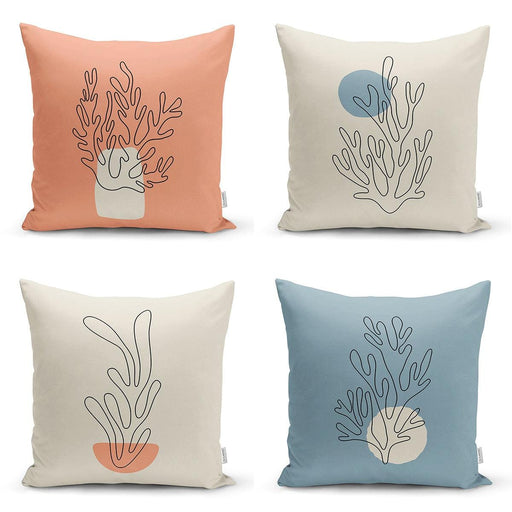 Renkli Zemin Deniz Yosunu Çizimli Dijital Baskılı Modern 4lü Kırlent Kılıfı Seti Bonvagon