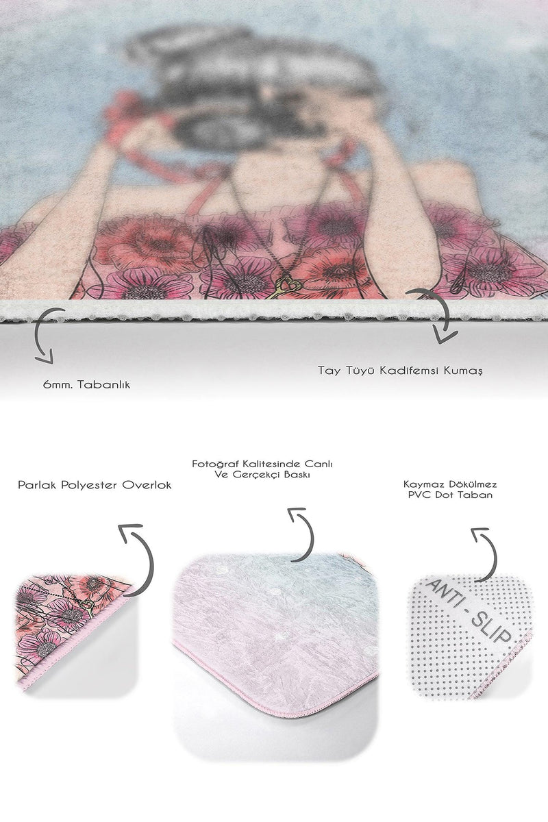 Renkli Zemin Fashion Girl Dijital Baskılı 2li Banyo Halısı Takımı Kaymaz Taban Yıkanabilir Bonvagon
