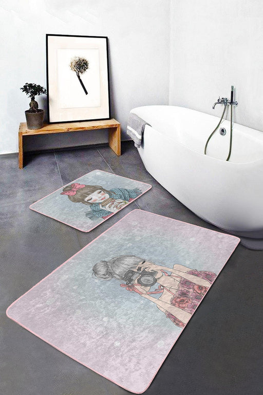 Renkli Zemin Fashion Girl Dijital Baskılı 2li Banyo Paspas ve Halısı Takımı Kaymaz Taban Yıkanabilir