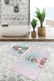 Renkli Zemin Fashion Girl Dijital Baskılı 2li Banyo Paspas ve Halısı Takımı Kaymaz Taban Yıkanabilir