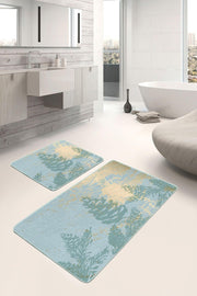 Renkli Zemin Gold Mermer Detaylı Çam Tasarımlı 2li Banyo Halısı Takımı Kaymaz Taban Yıkanabilir Bonvagon