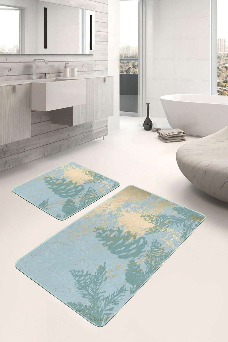 Renkli Zemin Gold Mermer Detaylı Çam Tasarımlı 2li Banyo Halısı Takımı Kaymaz Taban Yıkanabilir Bonvagon