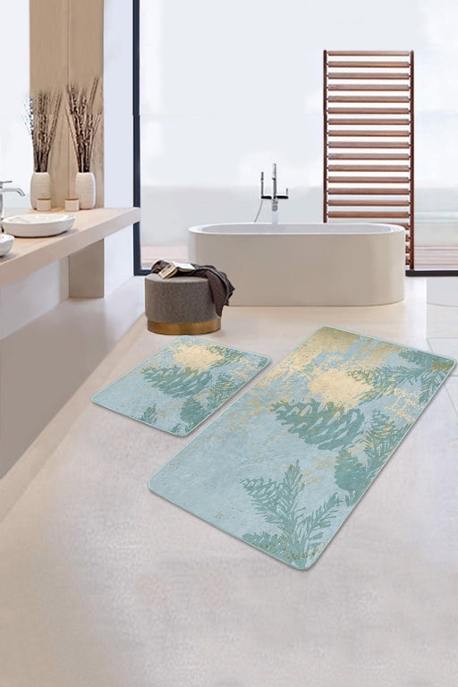 Renkli Zemin Gold Mermer Detaylı Çam Tasarımlı 2li Banyo Halısı Takımı Kaymaz Taban Yıkanabilir Bonvagon