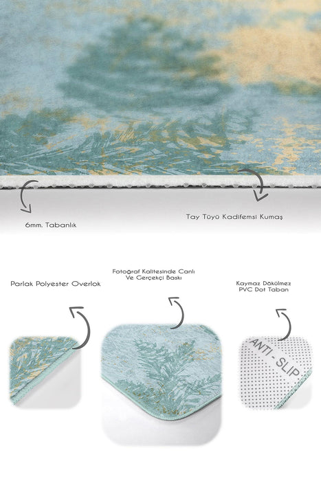 Renkli Zemin Gold Mermer Detaylı Çam Tasarımlı 2li Banyo Halısı Takımı Kaymaz Taban Yıkanabilir Bonvagon