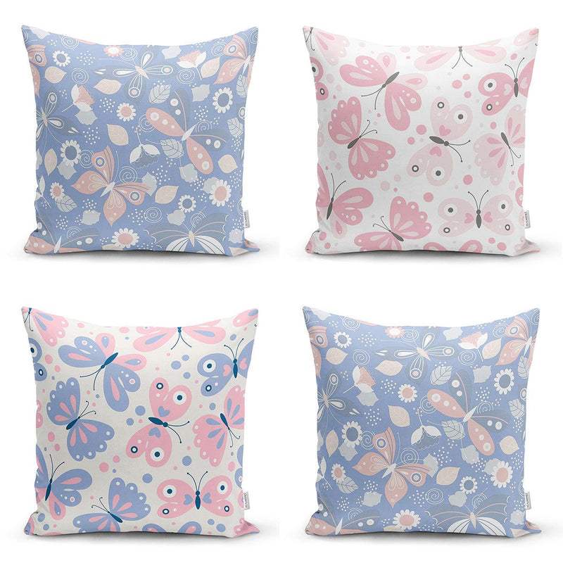 Renkli Zemin Kelebek Desenli Dijital Baskılı Modern 4lü Kırlent Kılıfı Seti Bonvagon