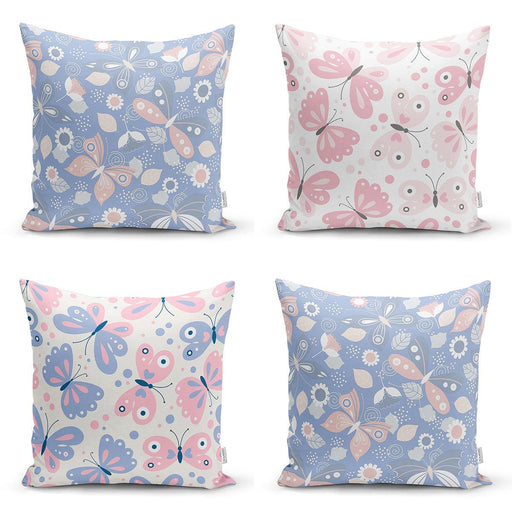 Renkli Zemin Kelebek Desenli Dijital Baskılı Modern 4lü Kırlent Kılıfı Seti Bonvagon