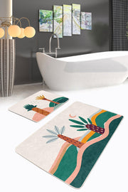Renkli Zemin Palmiye Ağaç Tasarımlı 2li Banyo Halısı Takımı Kaymaz Taban Yıkanabilir Bonvagon