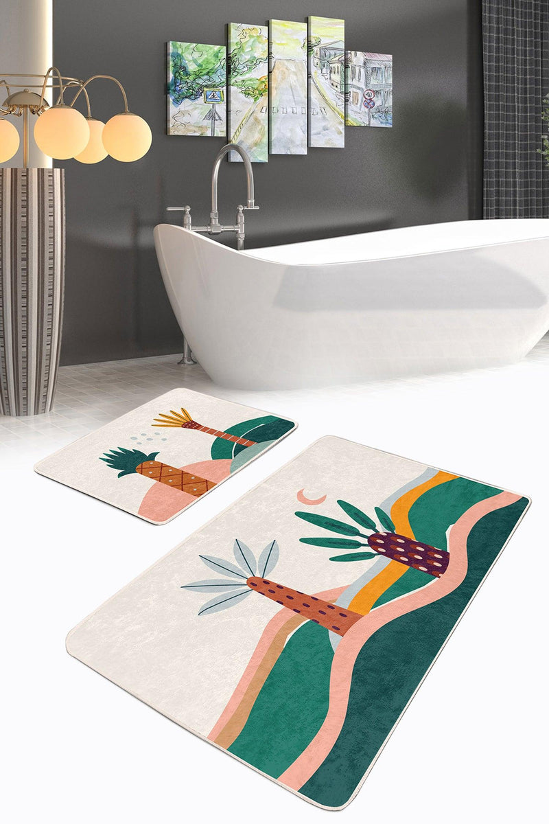 Renkli Zemin Palmiye Ağaç Tasarımlı 2li Banyo Halısı Takımı Kaymaz Taban Yıkanabilir Bonvagon
