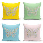 Renkli Zemin Papatya Kelebek Özel Tasarımlı Dijital Baskılı Modern 4lü Kırlent Kılıfı Seti Bonvagon