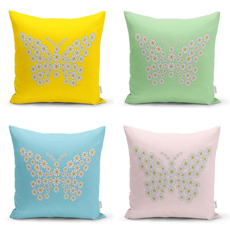 Renkli Zemin Papatya Kelebek Özel Tasarımlı Dijital Baskılı Modern 4lü Kırlent Kılıfı Seti Bonvagon