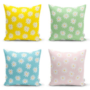 Renkli Zemin Papatya Tasarımlı Dijital Baskılı Modern 4lü Kırlent Kılıfı Seti Bonvagon