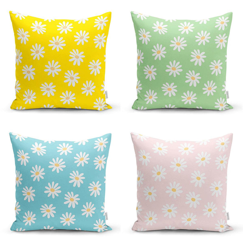 Renkli Zemin Papatya Tasarımlı Dijital Baskılı Modern 4lü Kırlent Kılıfı Seti Bonvagon